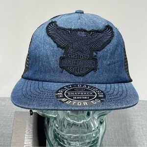 HARLEY DAVIDSON Denim Blue Trucker SNAPBACK Hat Cap One Size Road Captain New
